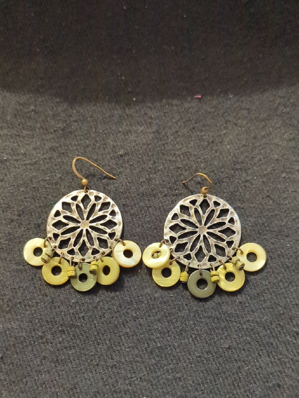 Silver Tone Filagree Green Shell Disc Dangle Statement Earrings